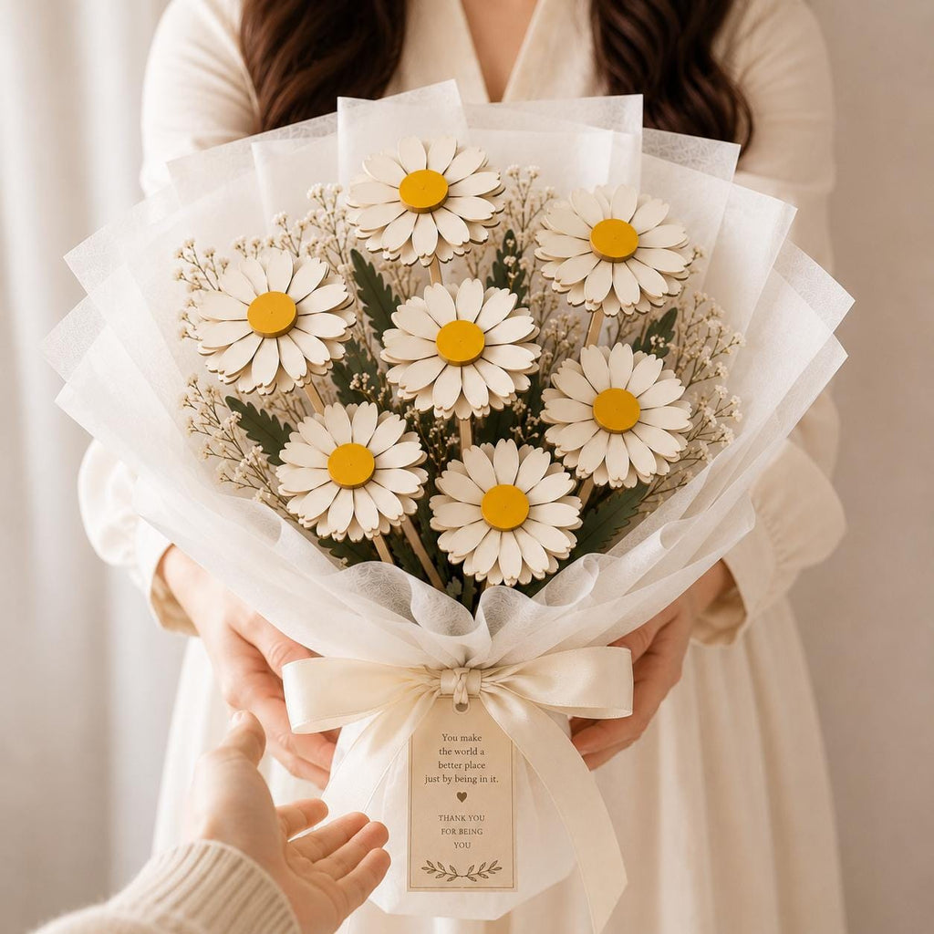 3D layered daisy bouquet laser cut design displayed in decorative wrapping. Digital SVG file for Glowforge, xTool, LightBurn, CNC machines, floral gifts, farmhouse decor, and spring crafts.