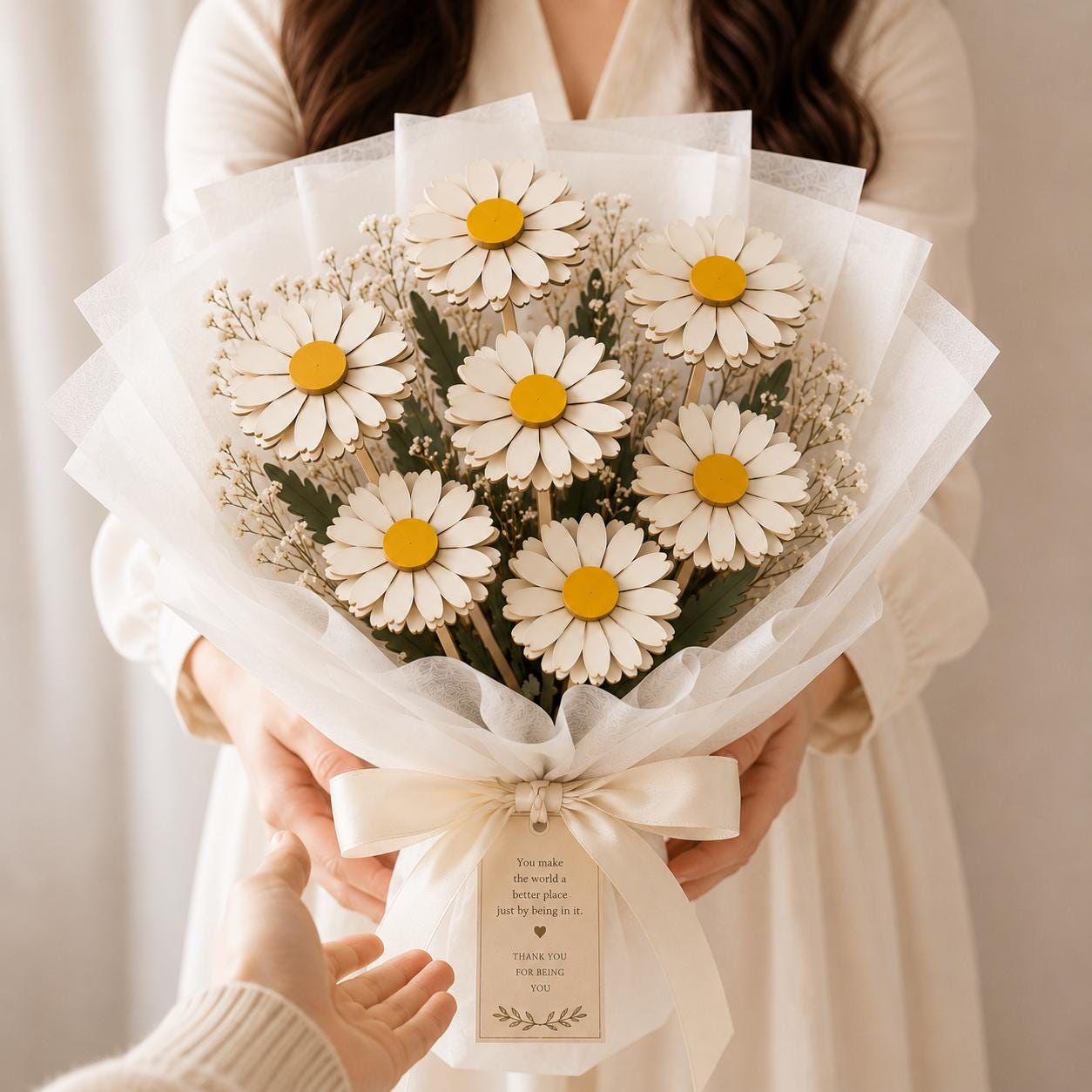 3D layered daisy bouquet laser cut design displayed in decorative wrapping. Digital SVG file for Glowforge, xTool, LightBurn, CNC machines, floral gifts, farmhouse decor, and spring crafts.