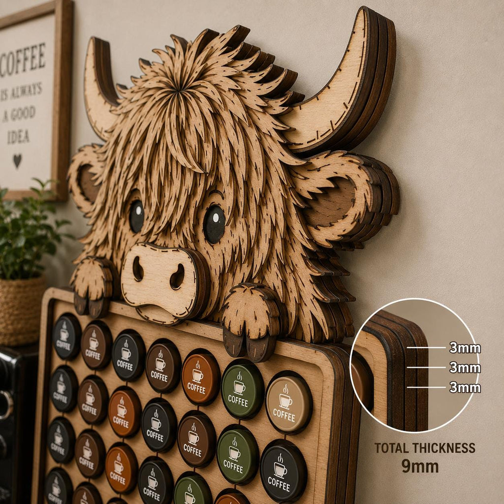 Close-up view of a 3D layered Highland Cow coffee pod holder showing stacked wood layers, laser cut details, and sturdy farmhouse-style construction.
