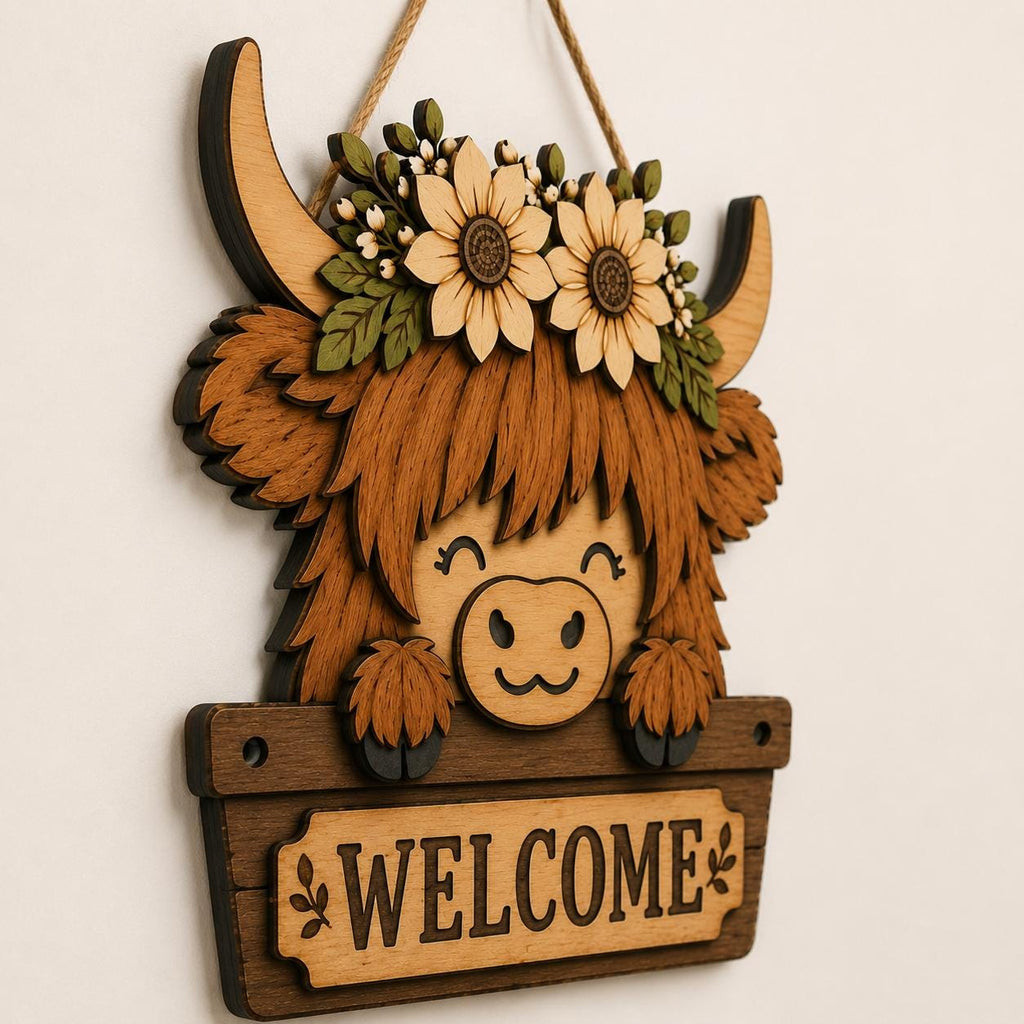 Finished 3D layered Highland cow welcome sign displaying detailed wood textures, floral embellishments, and dimensional laser cut craftsmanship.