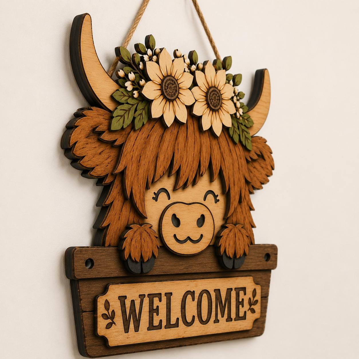 Finished 3D layered Highland cow welcome sign displaying detailed wood textures, floral embellishments, and dimensional laser cut craftsmanship.