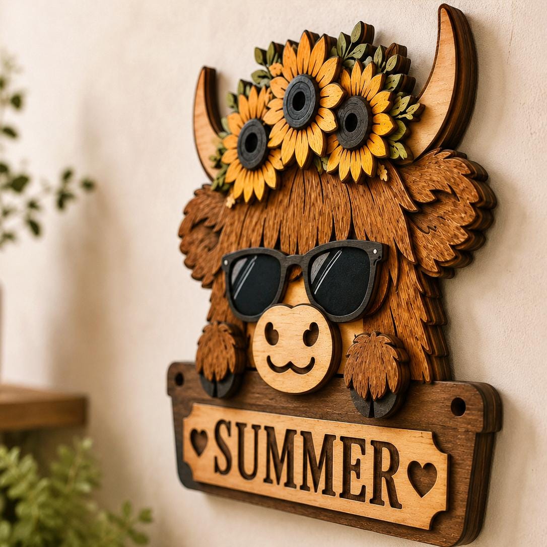Side view of a 3D layered Highland cow laser cut sign displaying detailed wooden layers, sunflower accents, and farmhouse craftsmanship.