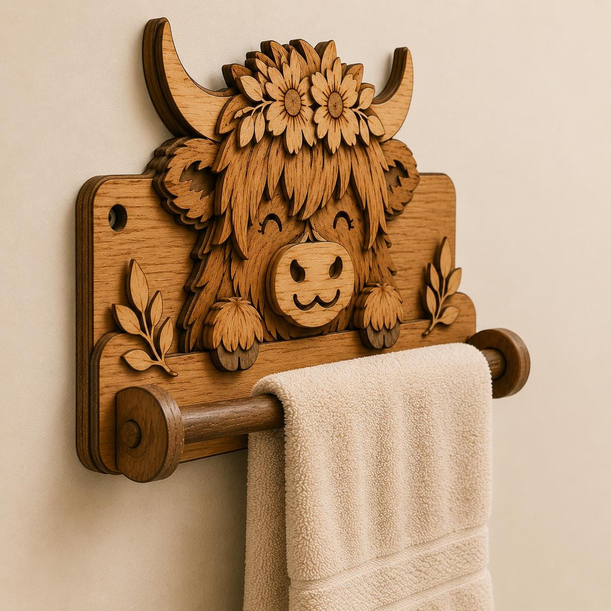 Side view of a layered Highland Cow towel holder SVG showing dimensional wood layers, flower crown details, and farmhouse-style bathroom decor.