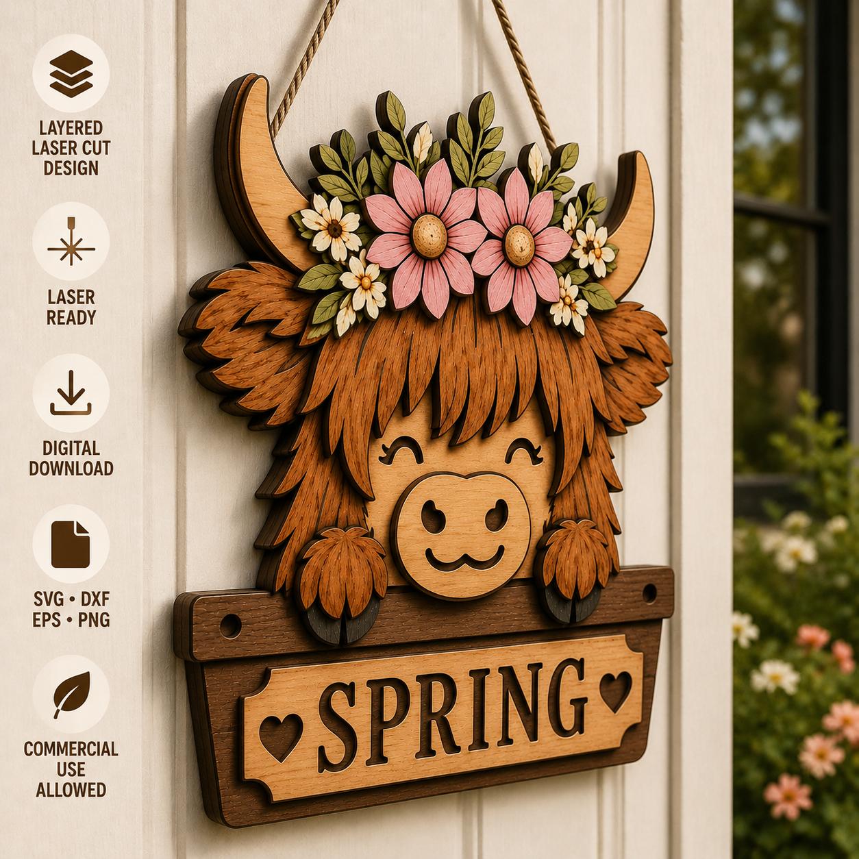 Side view mockup of a layered Spring Highland Cow laser cut door hanger featuring pink flowers, rustic wood texture, farmhouse spring decor, and dimensional wooden layers.