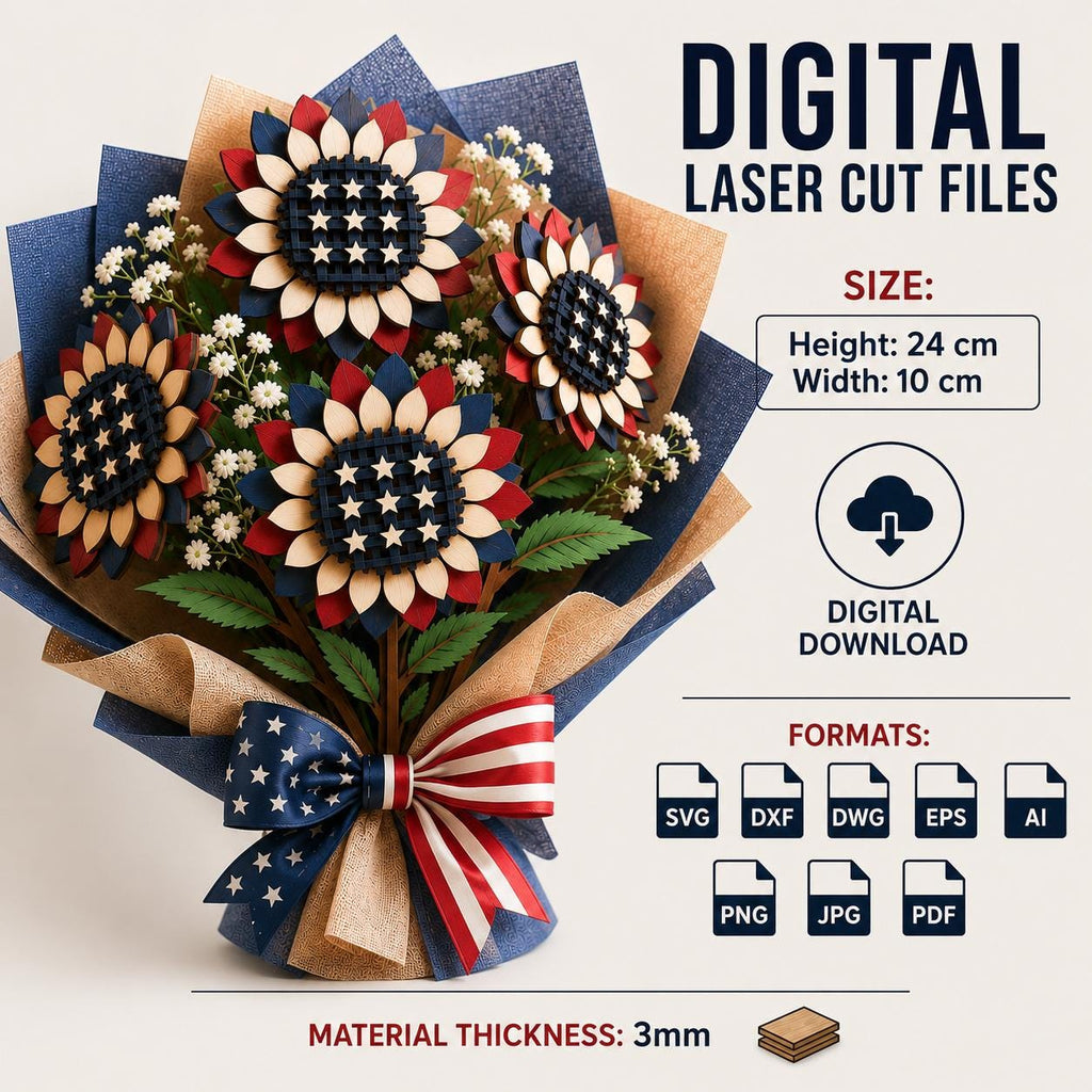 Layered patriotic flower bouquet made from laser-cut wood, displaying red, white, and blue petals with decorative stars. Digital SVG file for laser cutting, woodworking, and Independence Day home decor.