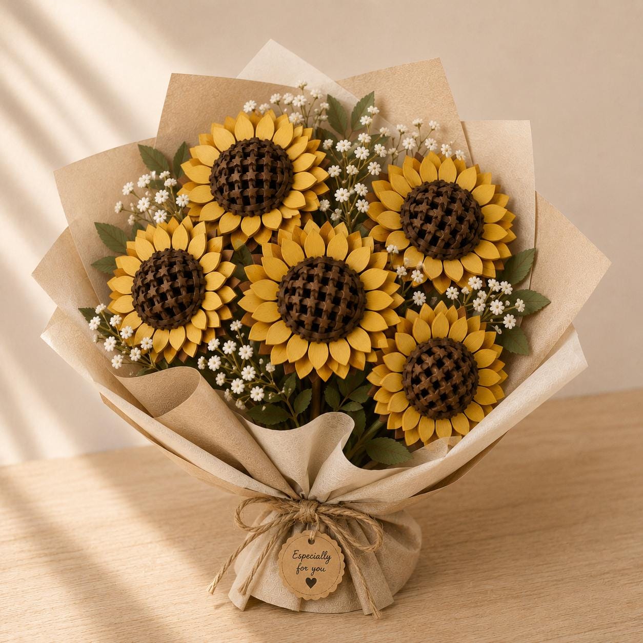 3D sunflower bouquet laser cut SVG featuring layered wooden flowers, decorative wrapping, and floral accents. Perfect for Glowforge, LightBurn, Mother's Day gifts, rustic decor, and laser cutting projects.