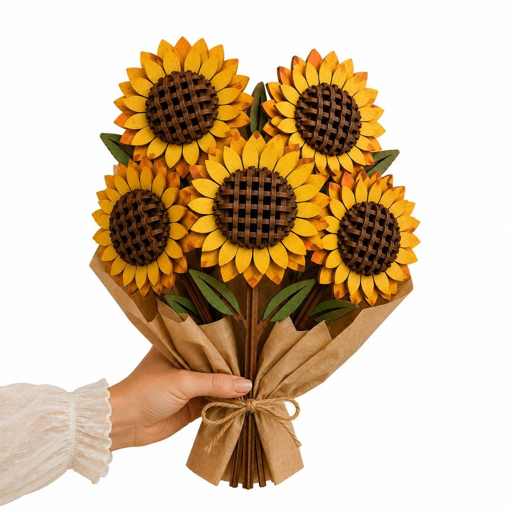 3D sunflower flower bouquet SVG laser cut design featuring layered wooden flowers and realistic stems. Great for Glowforge, laser engraving projects, Mother's Day gifts, and floral wall decor.
