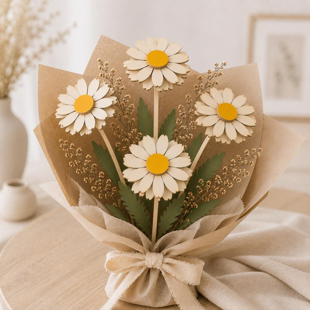 3D wooden daisy bouquet laser cut design featuring layered petals and decorative wrapping. Ideal SVG file for Glowforge, xTool, CNC machines, floral gifts, and spring home decor.
