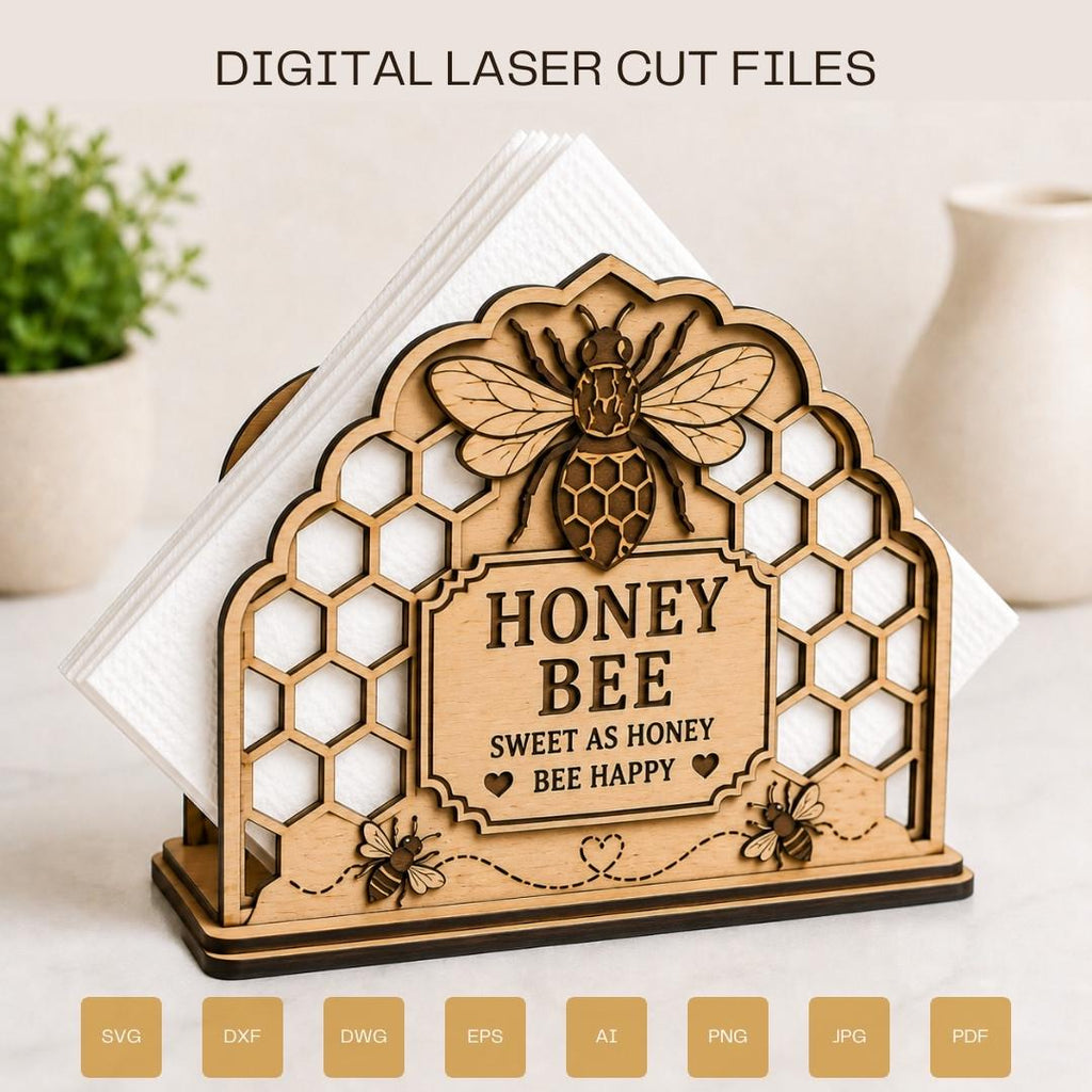 Honey Bee Napkin Holder SVG laser cut file featuring a layered honeycomb design with decorative bees, perfect for Glowforge, xTool, Cricut, farmhouse kitchen decor, and DIY woodworking projects.