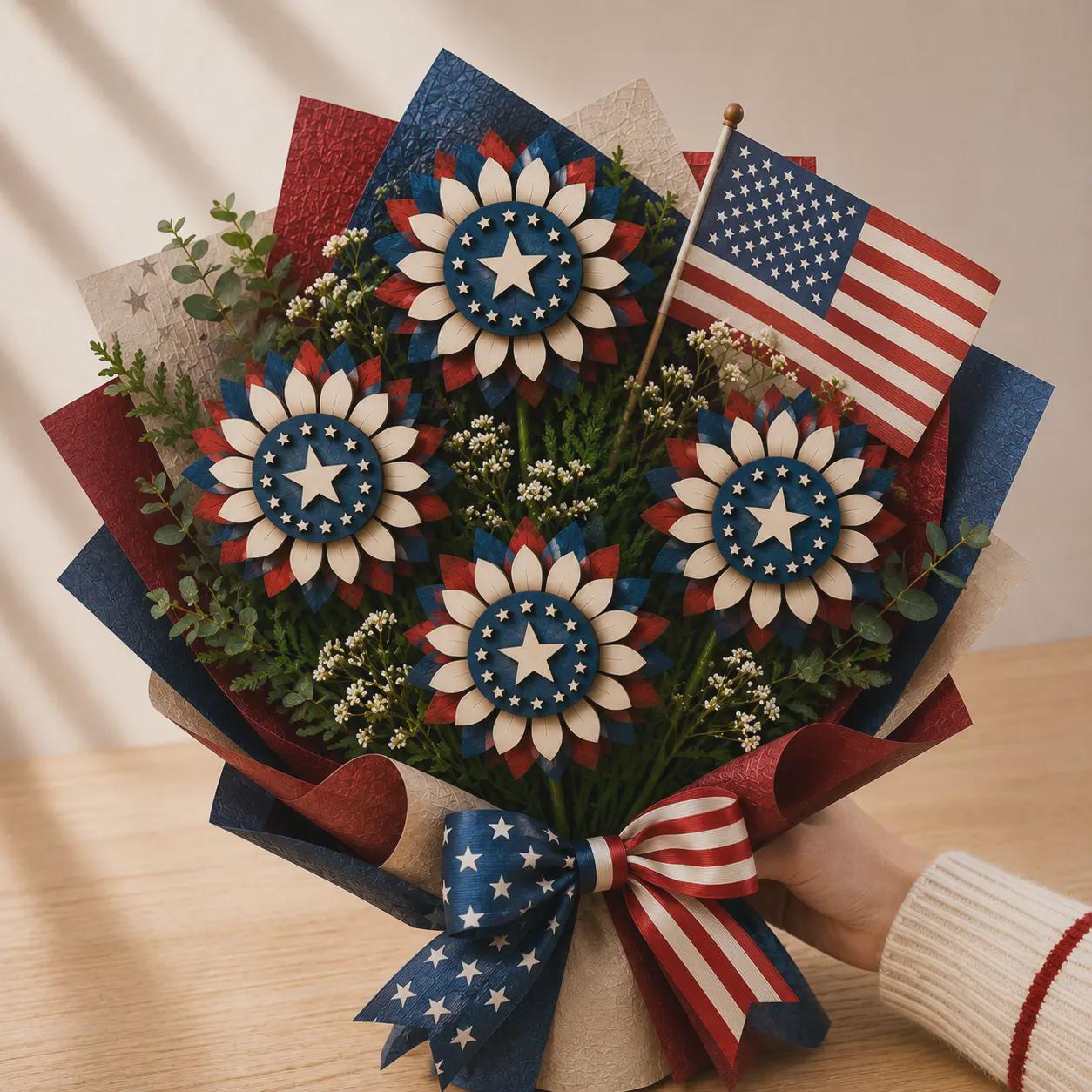 Layered patriotic flower bouquet SVG arranged with American flag, red white blue decorative wrapping, laser cut flowers, and festive Fourth of July home decor.