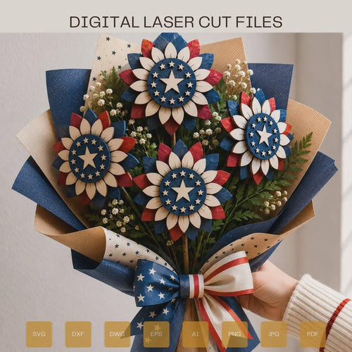 Patriotic 4th of July flower bouquet SVG featuring layered wooden flowers in red, white, and blue, laser cut design, Independence Day decor, and digital download files.