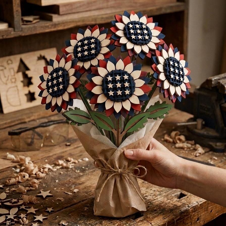 Patriotic wooden flower bouquet with red, white, and blue layered flowers arranged in decorative wrapping paper and tied with a USA-themed ribbon. Digital SVG file for holiday decor and handmade gifts.