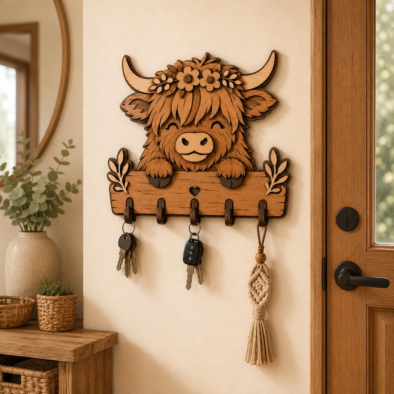 Highland Cow Key Holder SVG | Cute Cow Wall Hook Organizer
