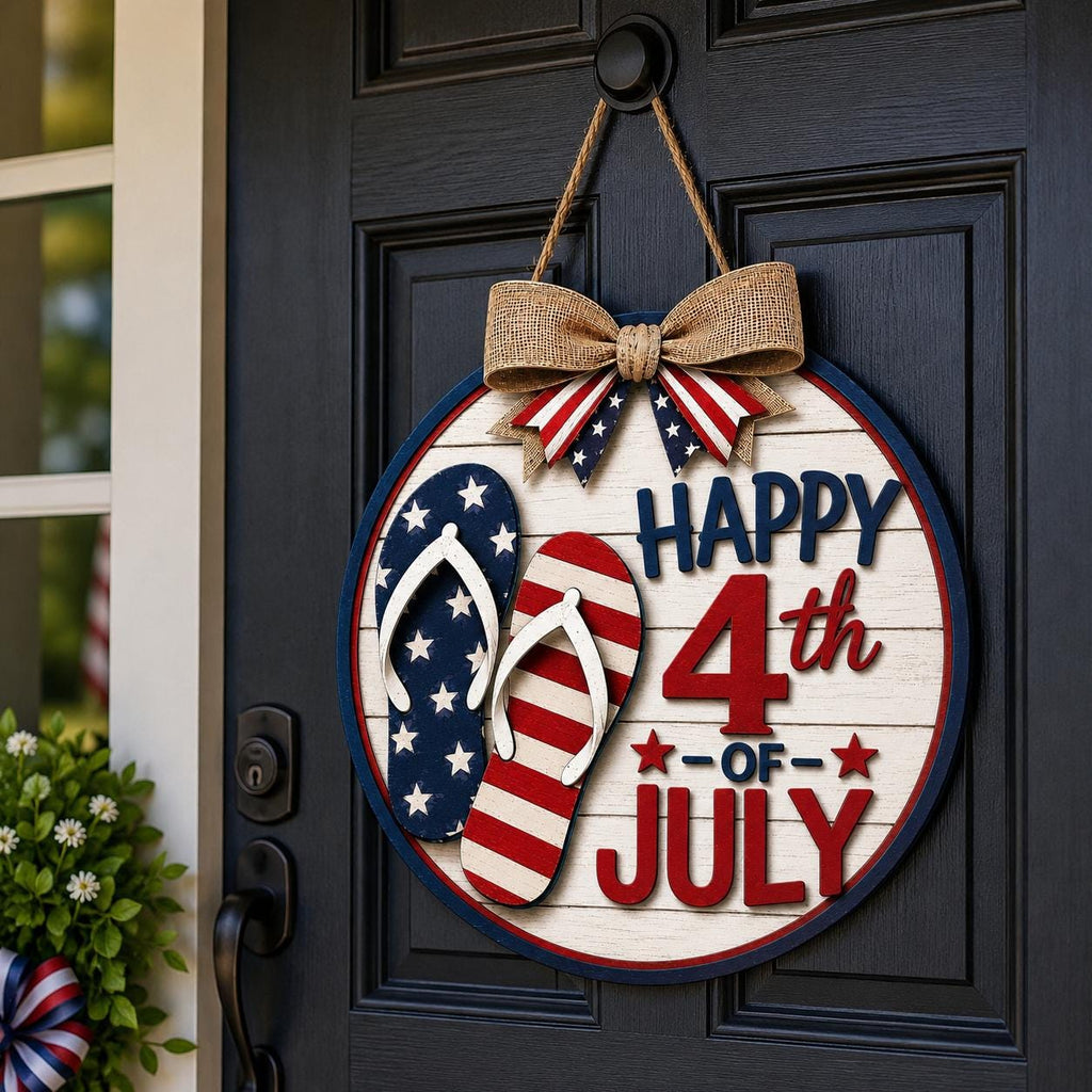 4th of July patriotic door hanger hanging on a black front door, featuring flip flops, American flag patterns, layered wood design, and laser cut digital download.