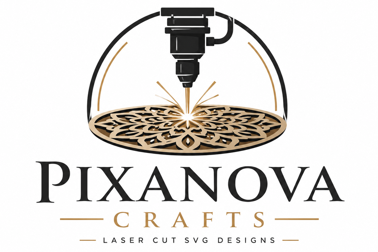 Pixanova Crafts logo with laser cutting machine, mandala design, and premium laser cut SVG files branding for Cricut, Glowforge, and CNC projects.