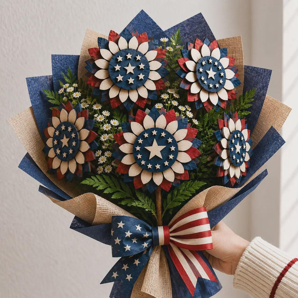 Patriotic wooden flower bouquet SVG with layered red white blue flowers, decorative greenery, laser cut design, and festive American Independence Day theme.