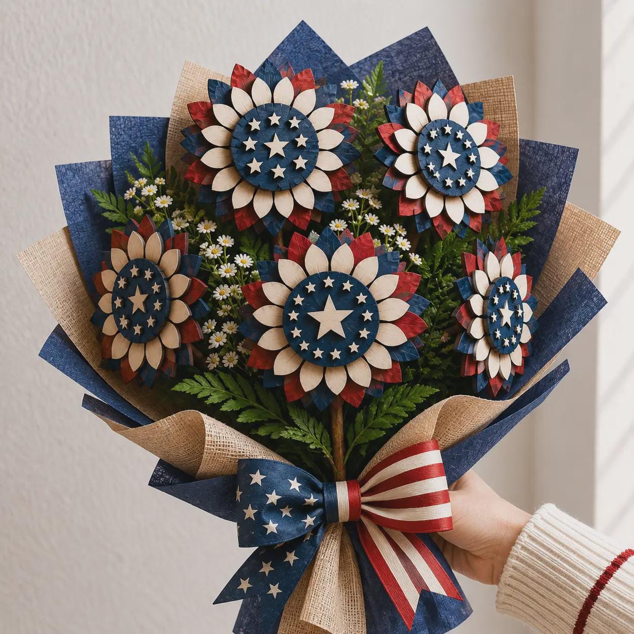 Patriotic wooden flower bouquet SVG with layered red white blue flowers, decorative greenery, laser cut design, and festive American Independence Day theme.