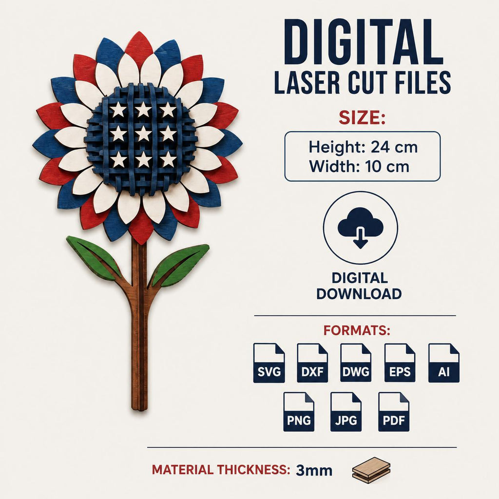 Single patriotic sunflower laser cut design with American flag colors and star-filled center. Creative SVG file for Glowforge, xTool, LightBurn, Cricut, and Fourth of July crafting projects.