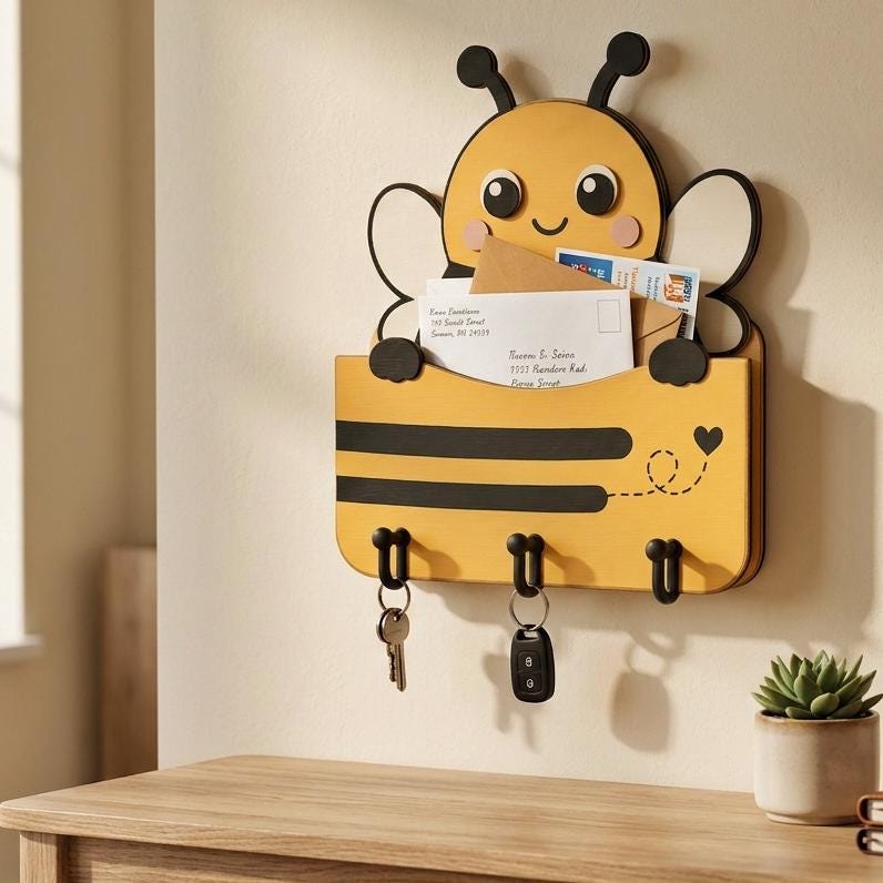 Cute bee shaped wooden mail holder with key hooks displayed in a home entryway, designed from a layered laser cut SVG file.