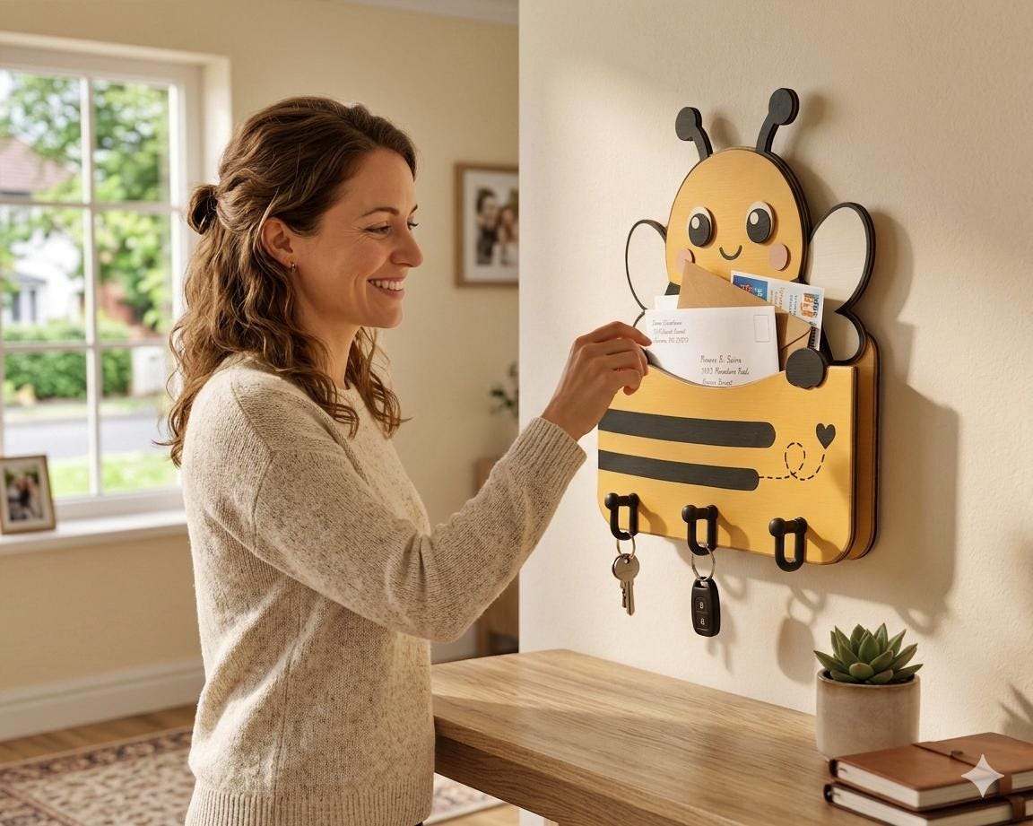 Woman placing mail into a bee shaped wall organizer with key hooks, showcasing a functional laser cut SVG mail holder design for home entryways.