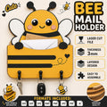 Cute bee mail holder and key organizer laser cut SVG file featuring a layered wooden bee design with hooks for keys and a pocket for letters and mail.