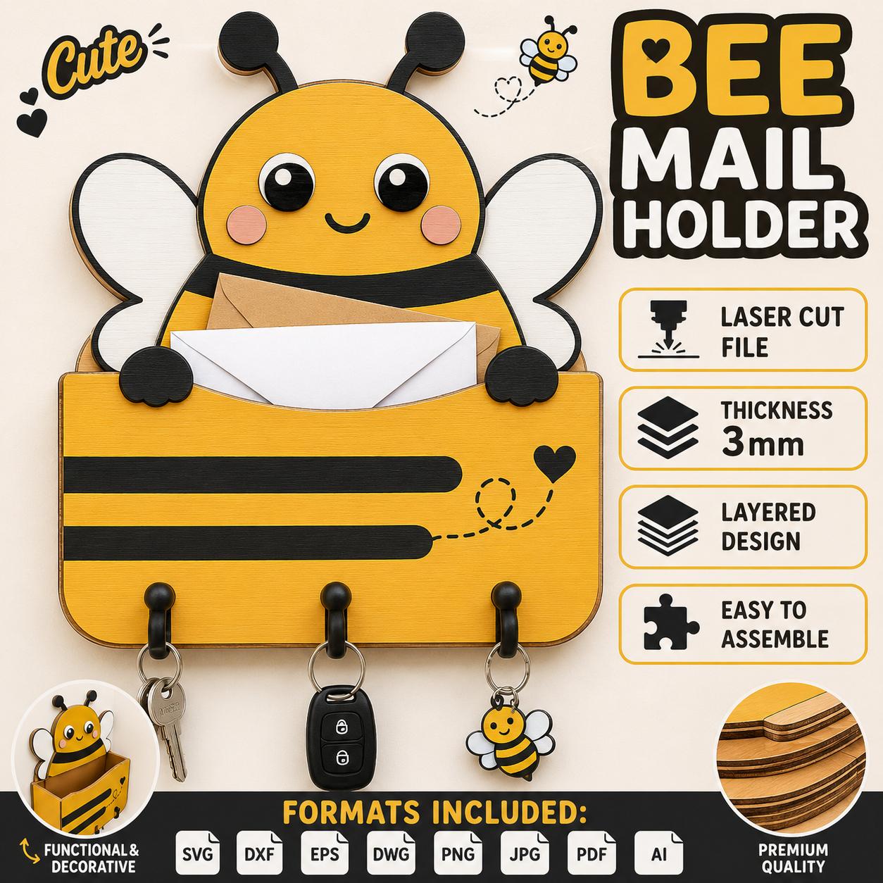 Cute bee mail holder and key organizer laser cut SVG file featuring a layered wooden bee design with hooks for keys and a pocket for letters and mail.