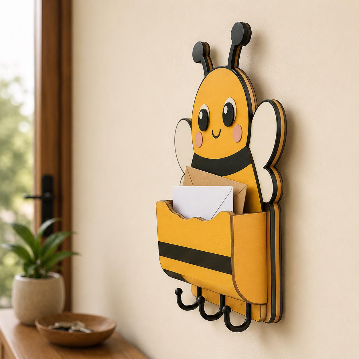 Side view of a layered wooden bee mail holder laser cut design featuring a deep mail pocket and multiple key hooks.