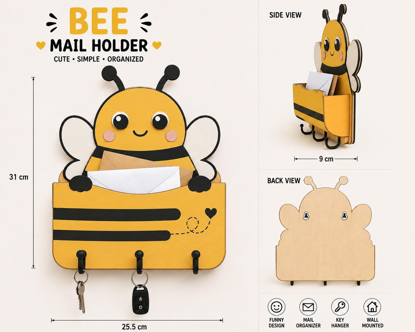 Bee mail holder laser cut SVG dimensions guide showing front view, side view, back view, wall mounting details, and key hook organizer measurements.
