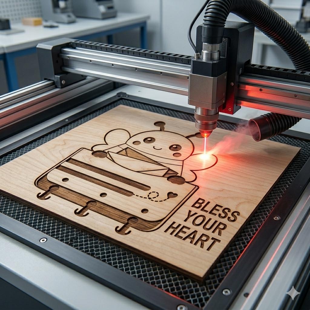 Laser engraving machine cutting a bee mail holder SVG design on wood for creating a decorative wall mounted mail and key organizer.