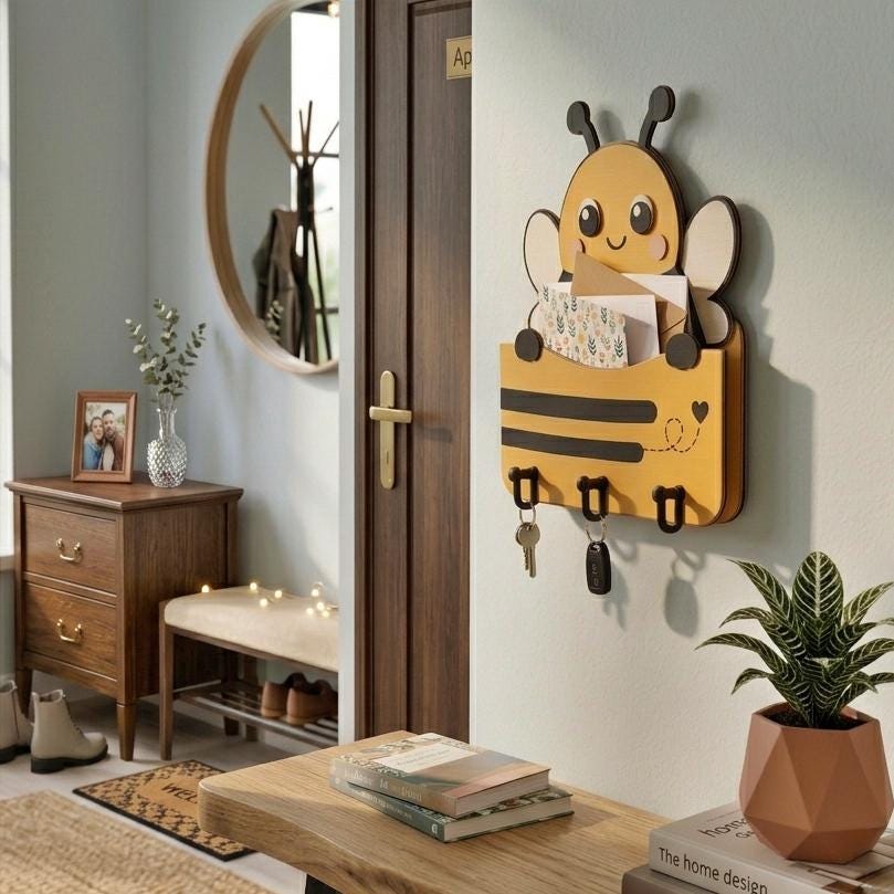 Wall mounted bee mail holder and key organizer made from layered wood, holding letters and keys near an entryway door.