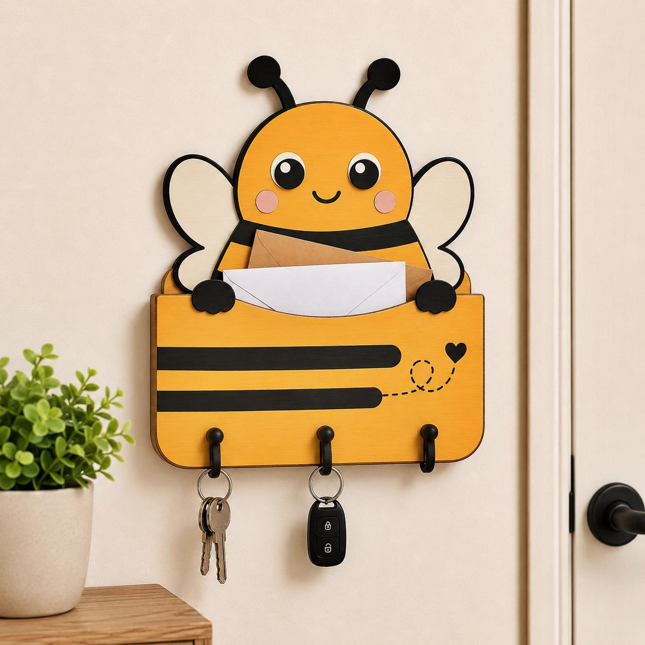 Wall mounted bee mail holder and key organizer made from layered wood, holding letters and keys near an entryway door.