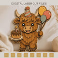 Cute birthday Highland cow SVG with party hat, balloons, and birthday cake. Layered laser cut file for Glowforge, xTool, CNC, and woodworking projects.
