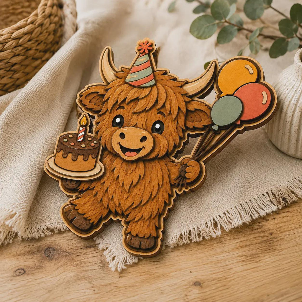 Birthday Highland cow layered SVG placed on fabric with balloons and cake. Laser cut file ideal for Glowforge, DIY crafts, and birthday party decorations.