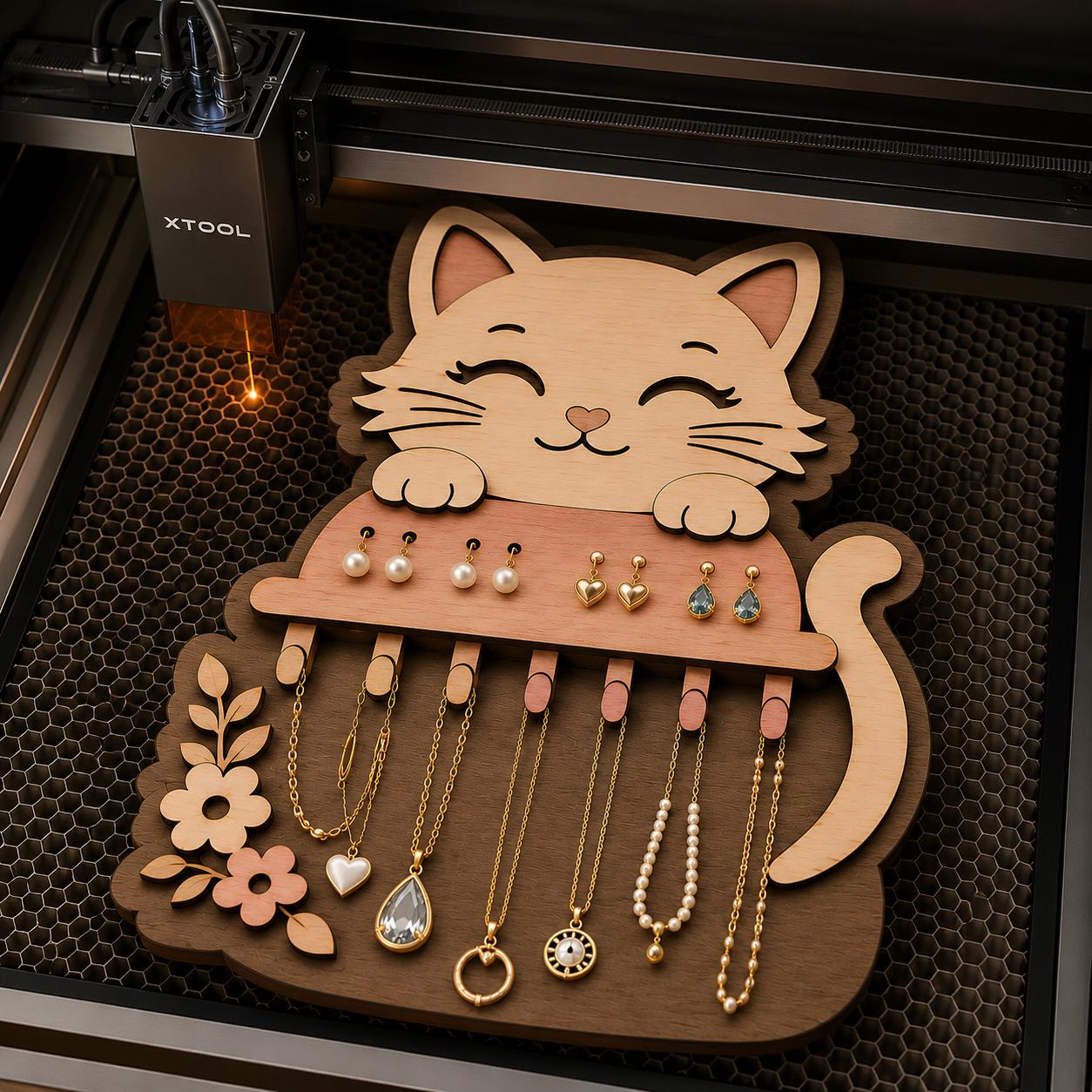Cat jewelry organizer SVG being produced on an xTool laser machine, showcasing layered wooden construction, earring storage holes, necklace hooks, and laser cutting craftsmanship.
