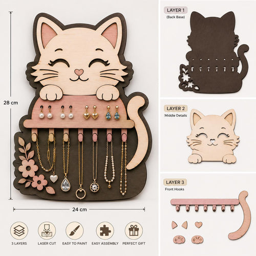 Cat jewelry organizer SVG being produced on an xTool laser machine, showcasing layered wooden construction, earring storage holes, necklace hooks, and laser cutting craftsmanship.