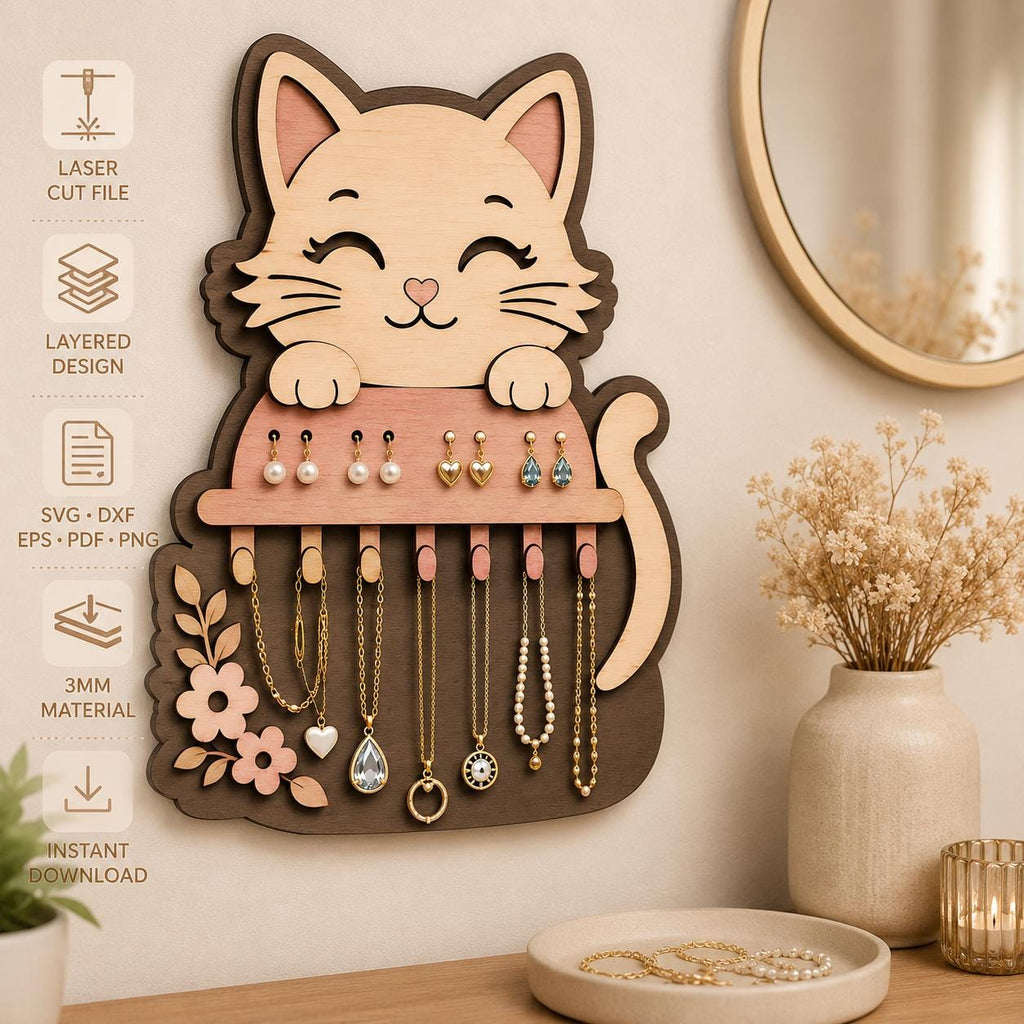 Cute cat jewelry holder SVG laser cut file featuring layered wood design, earring display, necklace organizer hooks, floral accents, and decorative wall-mounted storage.