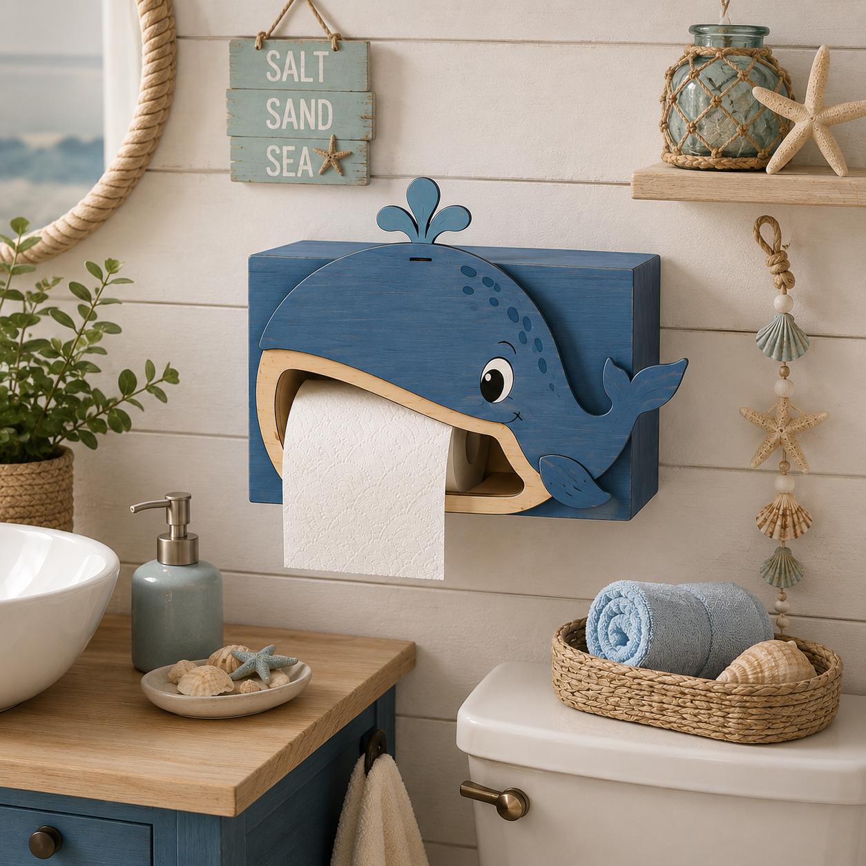 Whale-themed toilet paper holder displayed in a coastal bathroom with nautical decor, seashell accents, and beach-inspired styling. Laser cut SVG file for DIY bathroom organization and ocean-themed home decor.