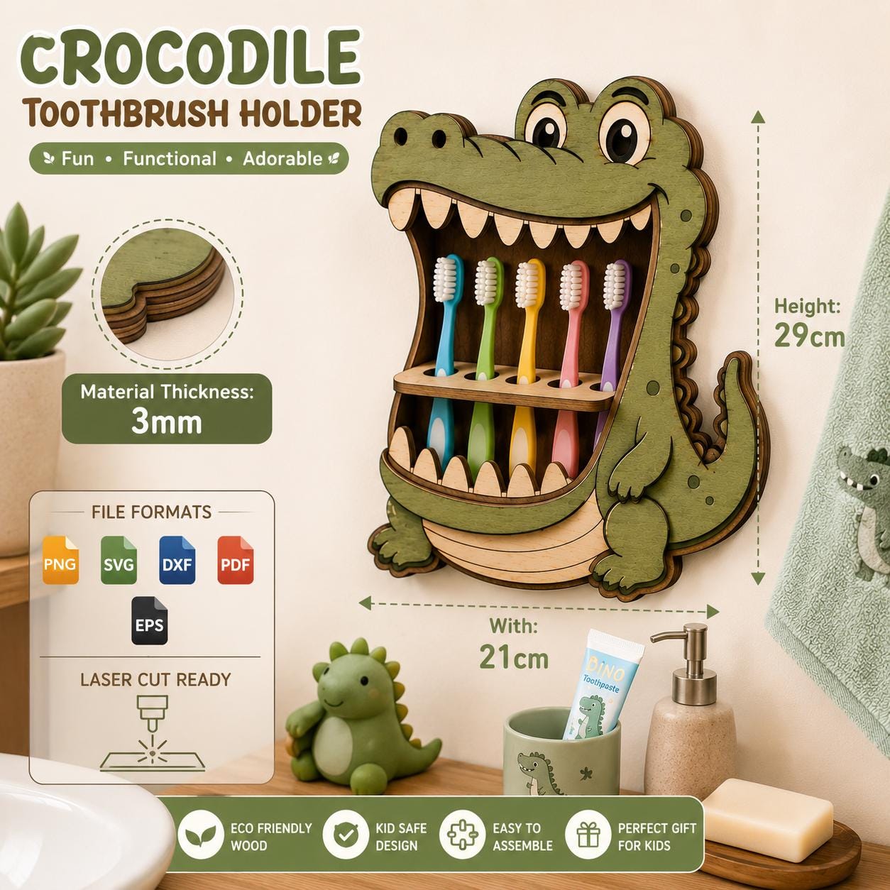 Crocodile toothbrush holder SVG displayed in a children's bathroom with dimensions, file formats, and laser cut ready design for DIY woodcraft projects.