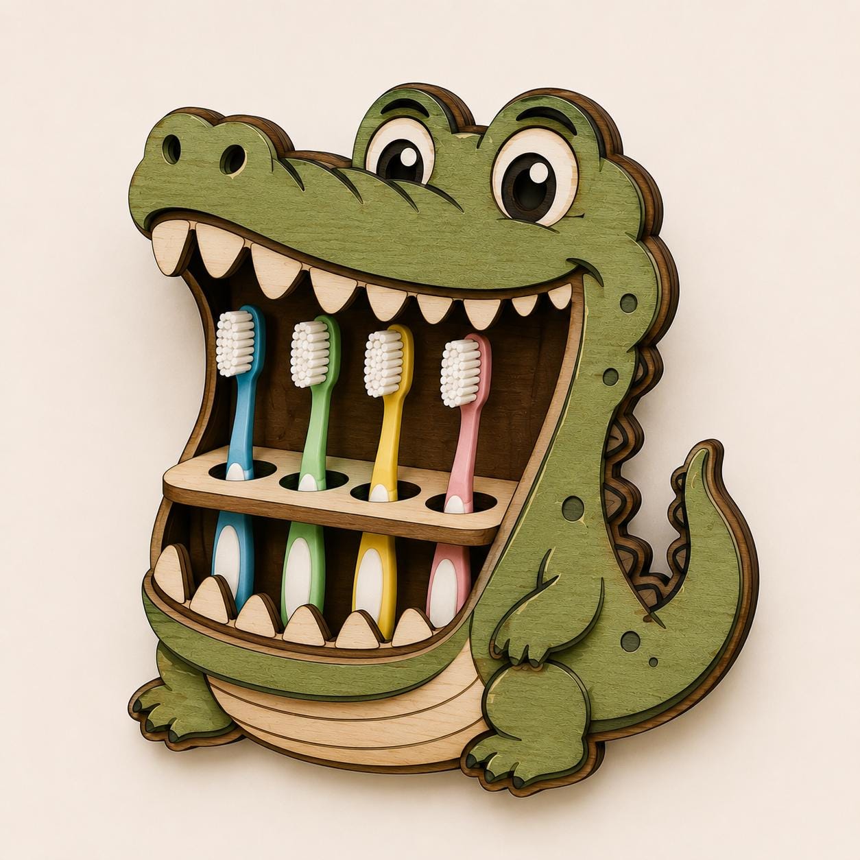 Standalone crocodile toothbrush holder SVG design with layered wooden construction, cartoon character styling, and practical toothbrush storage for kids.