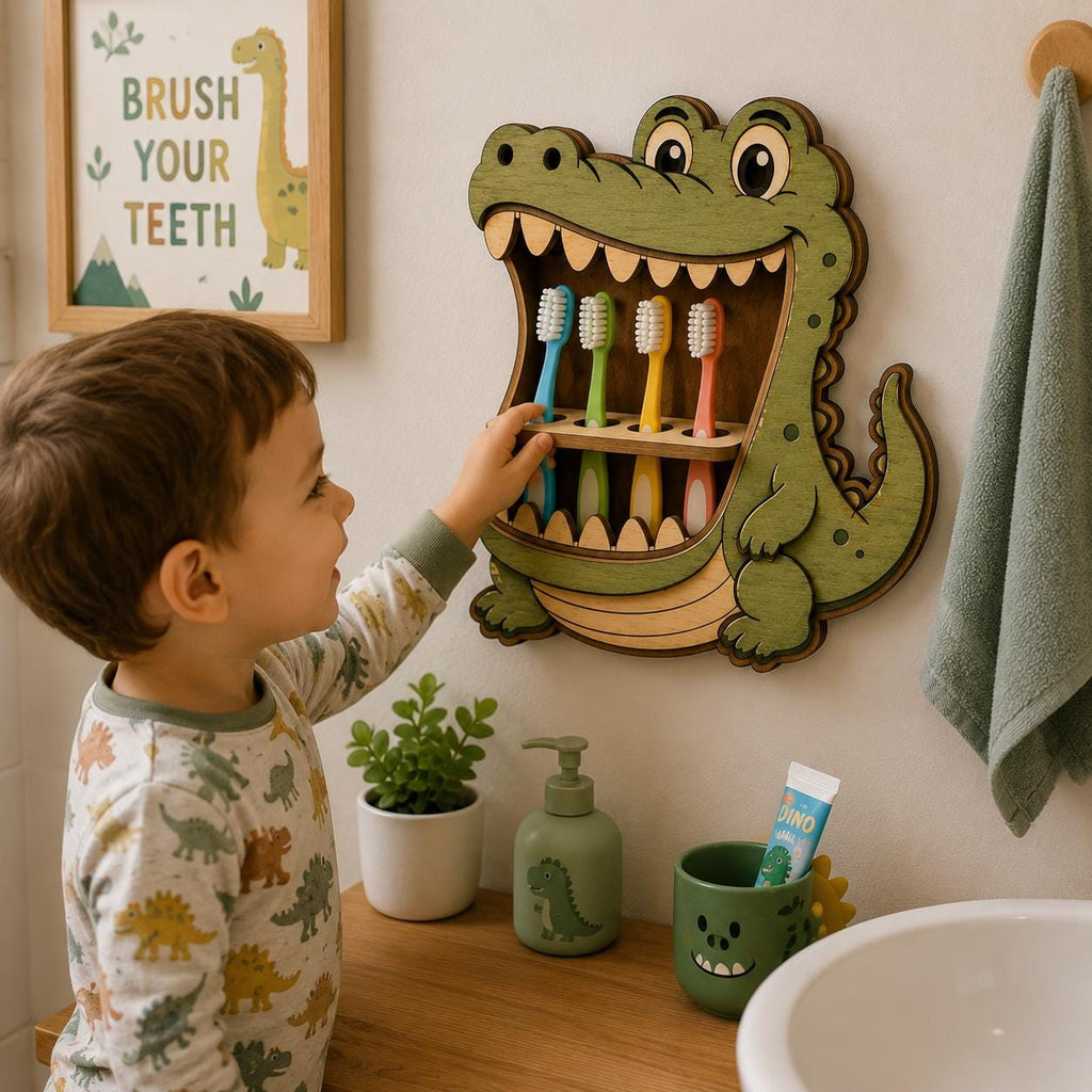 Child using a crocodile toothbrush holder SVG in a playful bathroom, showcasing easy access toothbrush storage and kid-friendly wall decor.