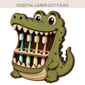 Cute crocodile toothbrush holder SVG laser cut file featuring a layered wooden design with colorful toothbrush storage, perfect for kids bathroom decor and Glowforge projects.