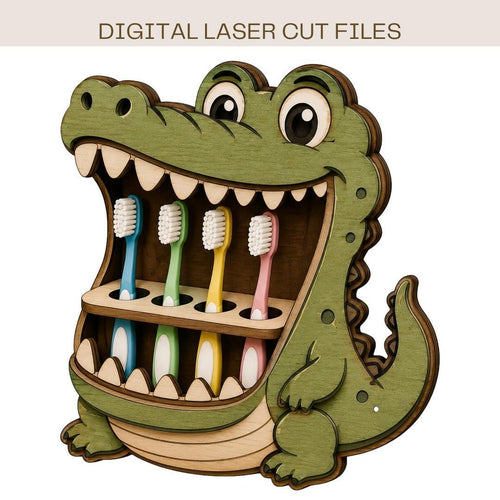 Cute crocodile toothbrush holder SVG laser cut file featuring a layered wooden design with colorful toothbrush storage, perfect for kids bathroom decor and Glowforge projects.