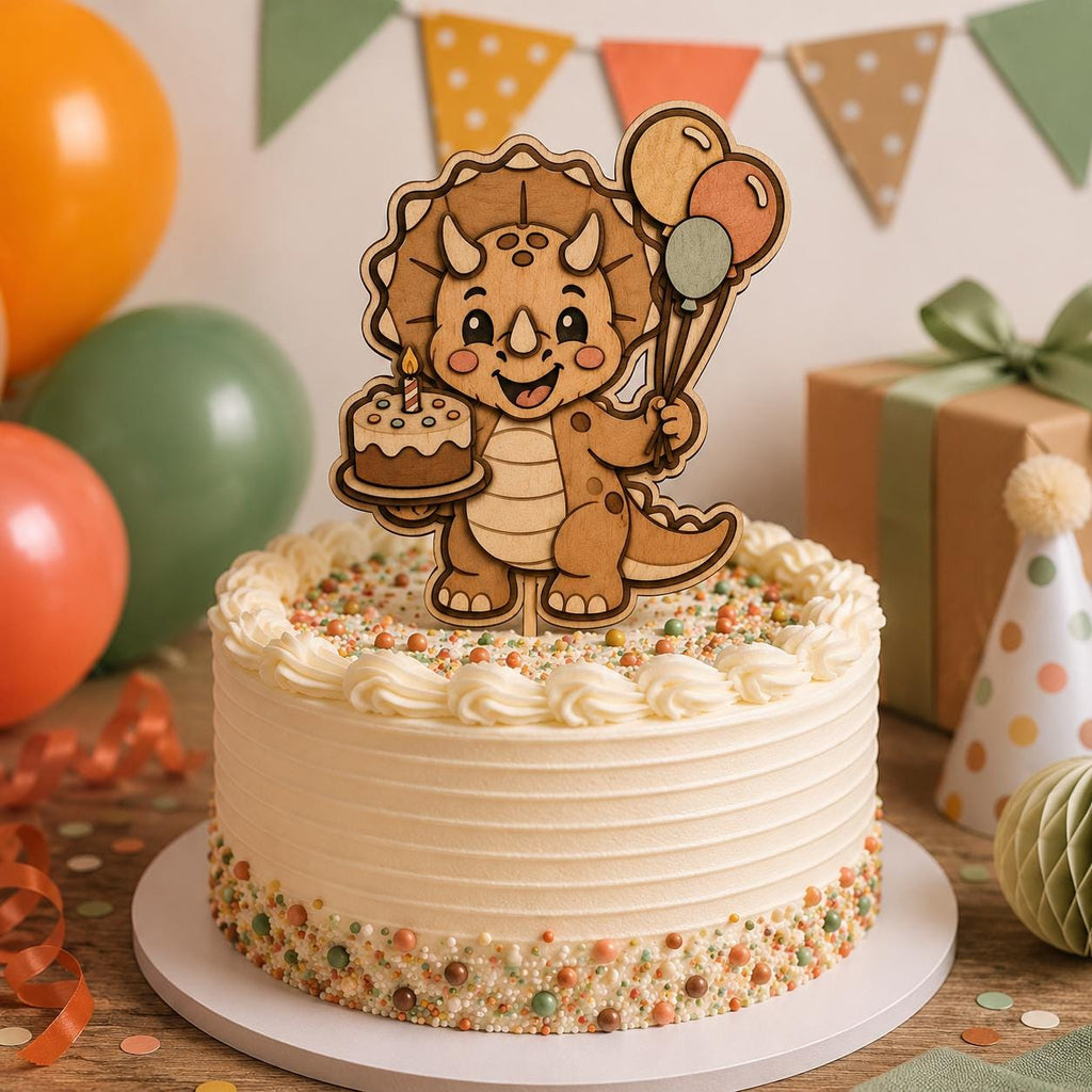 Smiling dinosaur cake topper with balloons and birthday cake in a layered wood style. High-quality SVG laser cut file for Glowforge, LightBurn, xTool, and custom birthday cake decorations.