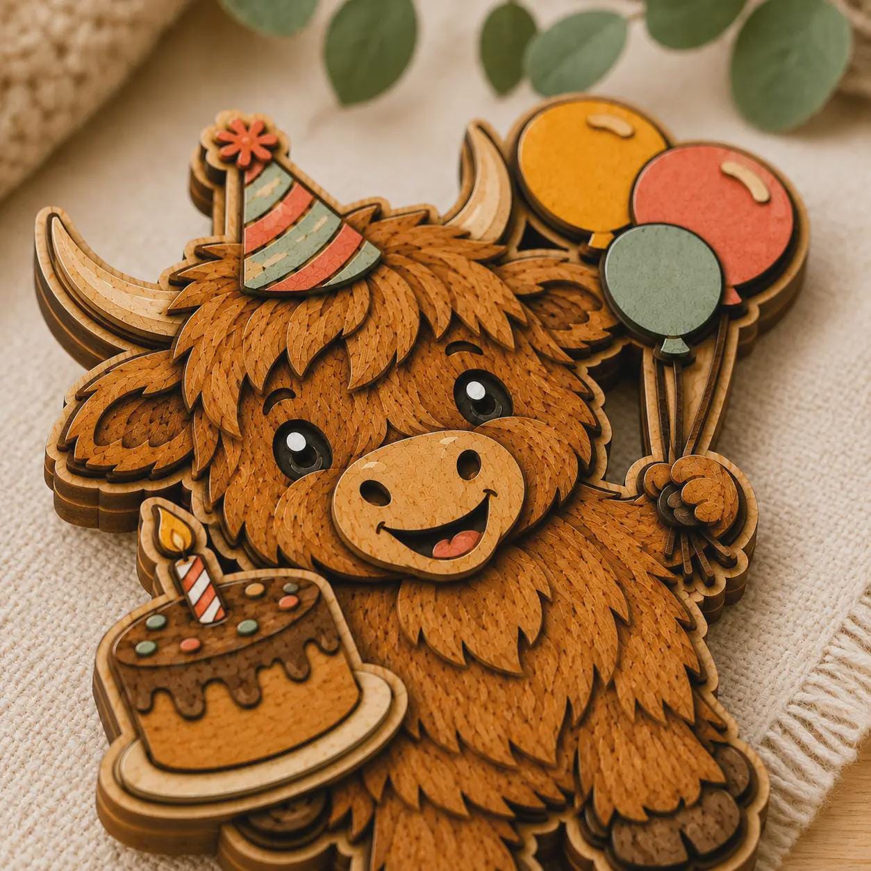 Close-up of layered Highland cow birthday SVG with detailed fur, balloons, party hat, and cake. Perfect laser cut file for Glowforge and woodworking projects.