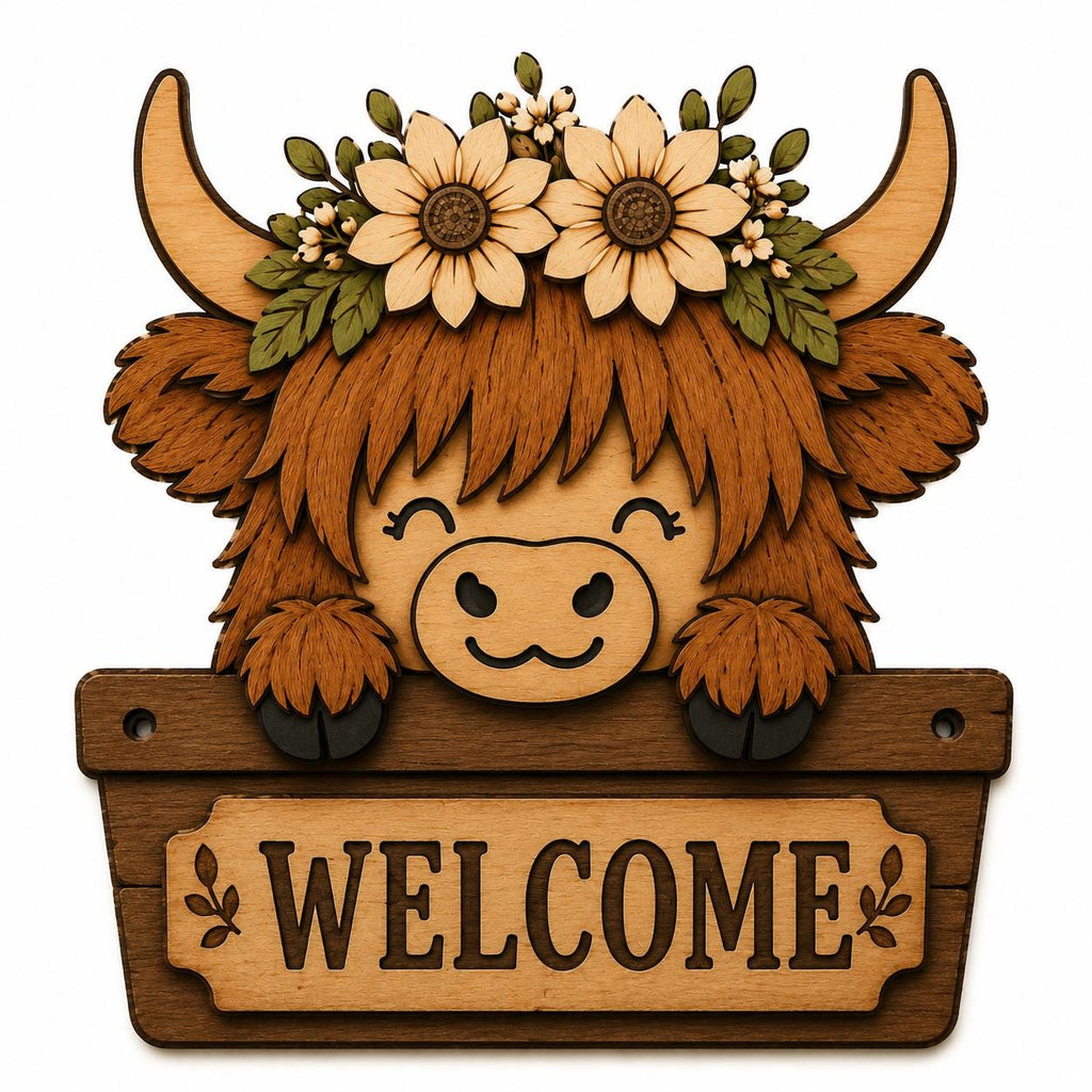 Cute Highland cow layered SVG with flower crown and welcome sign, ideal for laser cutting, Cricut projects, and farmhouse wall decor.