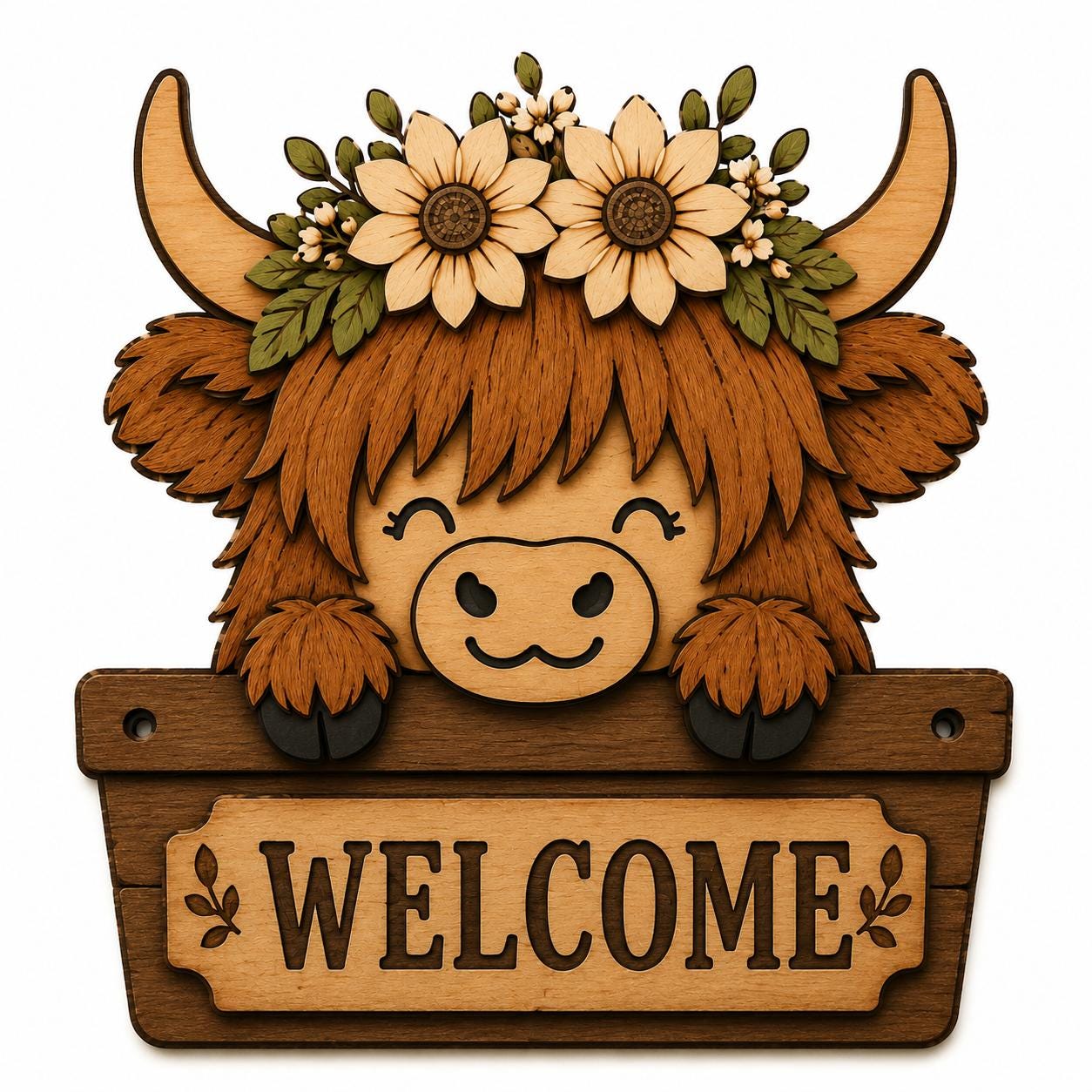 Cute Highland cow layered SVG with flower crown and welcome sign, ideal for laser cutting, Cricut projects, and farmhouse wall decor.