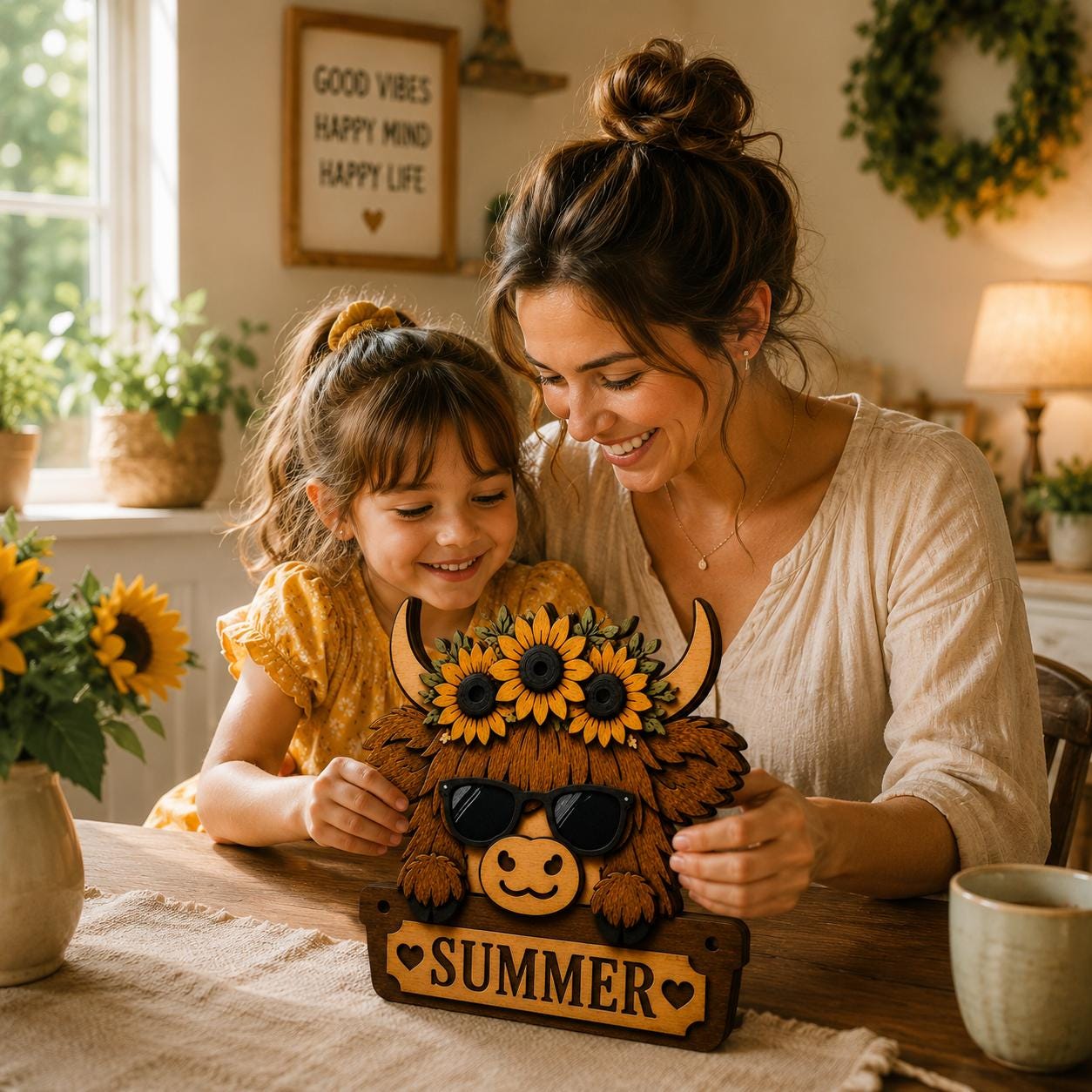 Mother and daughter displaying a completed Highland cow summer craft sign, ideal as a handmade gift or seasonal farmhouse decoration.