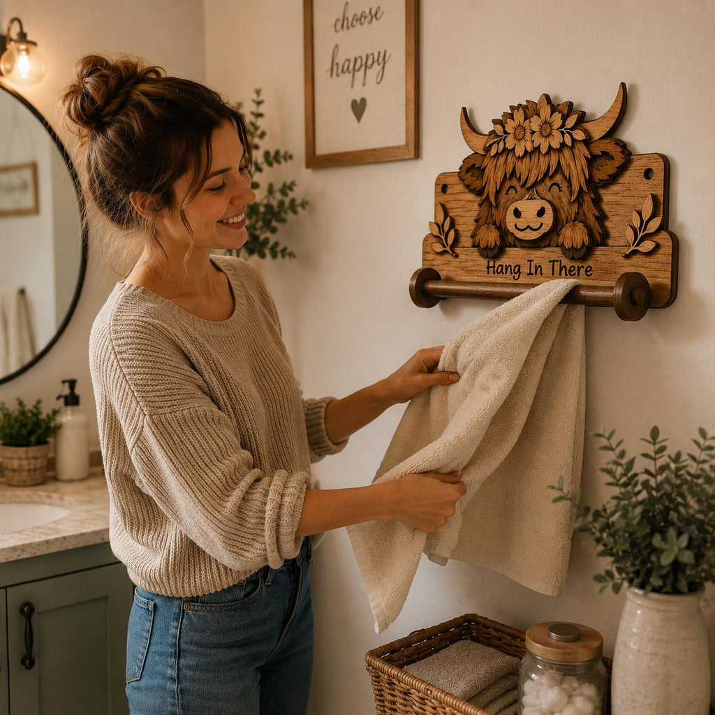Woman using a Highland Cow towel rack SVG in a farmhouse bathroom, displaying practical towel storage and layered wooden laser cut craftsmanship.