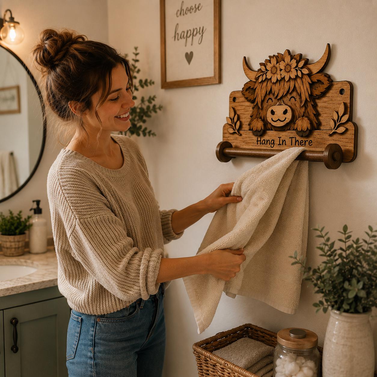 Woman using a Highland Cow towel rack SVG in a farmhouse bathroom, displaying practical towel storage and layered wooden laser cut craftsmanship.