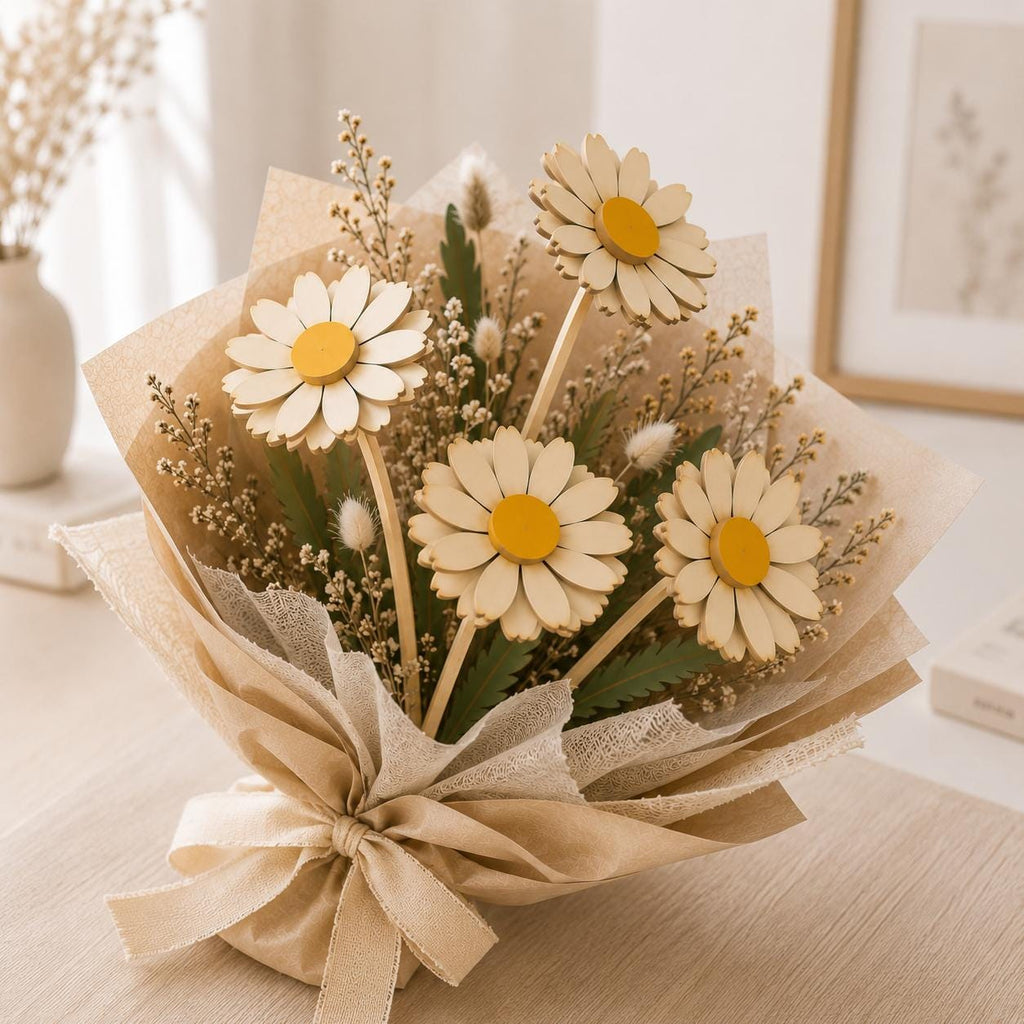 Layered daisy bouquet gift laser cut SVG with decorative thank you tag and floral wrapping. Great for Glowforge projects, Mother's Day gifts, personalized decor, and wooden flower crafts.